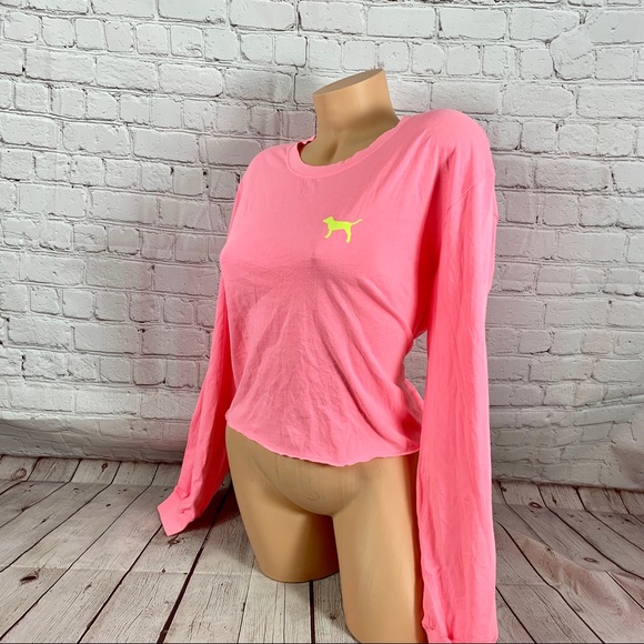 VS PINK Neon Logo Print Long Sleeve Crop Top Pink - Picture 4 of 7